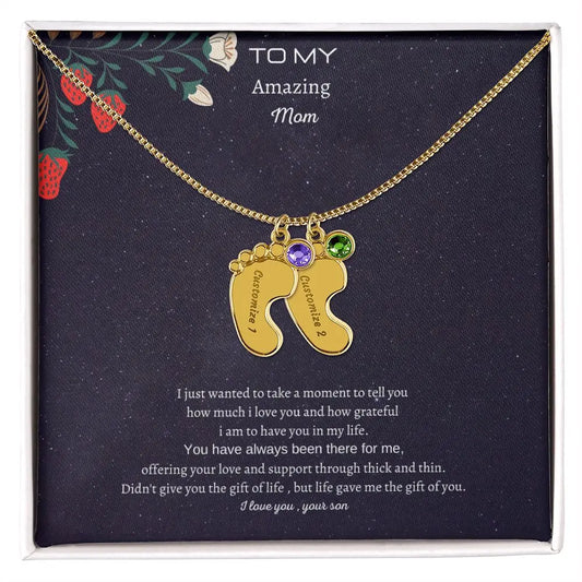 Gift to my amazing Mom Custom Baby Feet Necklace with Birthstone. ShineOn Fulfillment